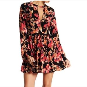 Free People Tegan Long Bell Sleeve Floral Mini Dress Black Combo